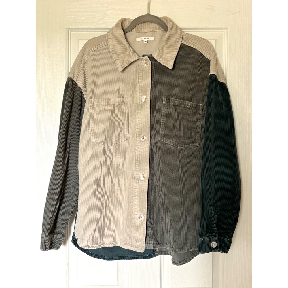 PacSun Colorblock Corduroy Button Down Shirt M/L Beige Green Cotton Shacket